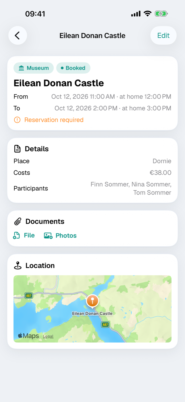 Activity detail with header card, details card and location card