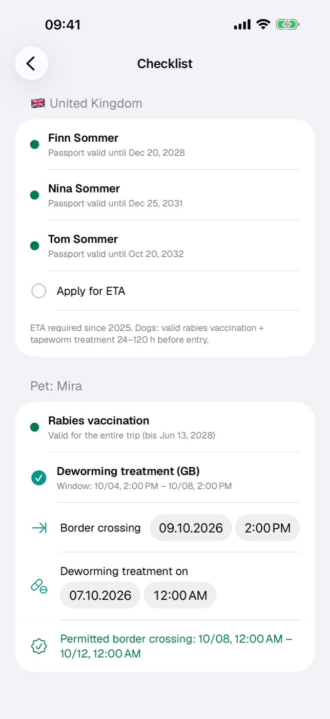 Checklist with a country section (status-light rows per person, ETA item) and a pet section with deworming window