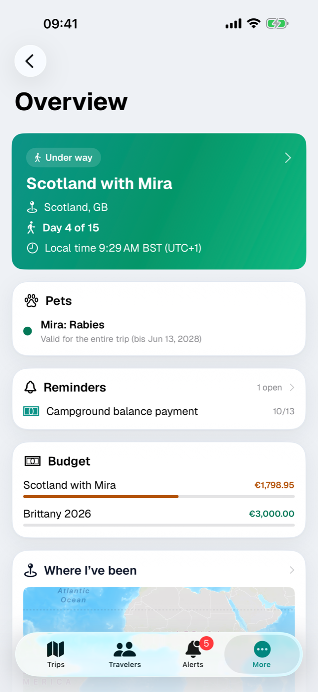 Overview with trip card, reminders, document expiry, budget and world map