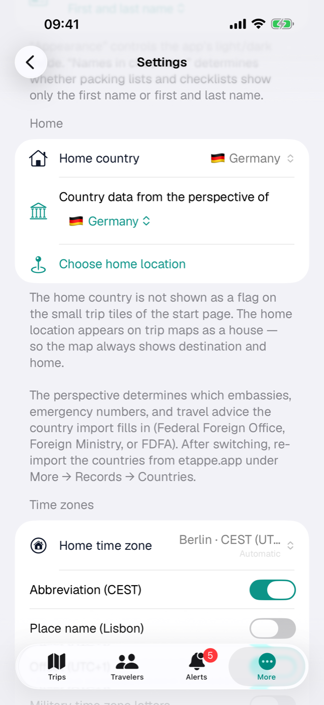 The “Home” section in Settings: home country, country data perspective, home location