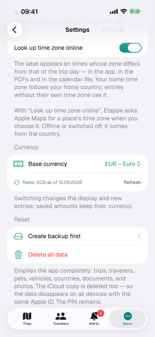 The “Currency” section with base currency and rate status