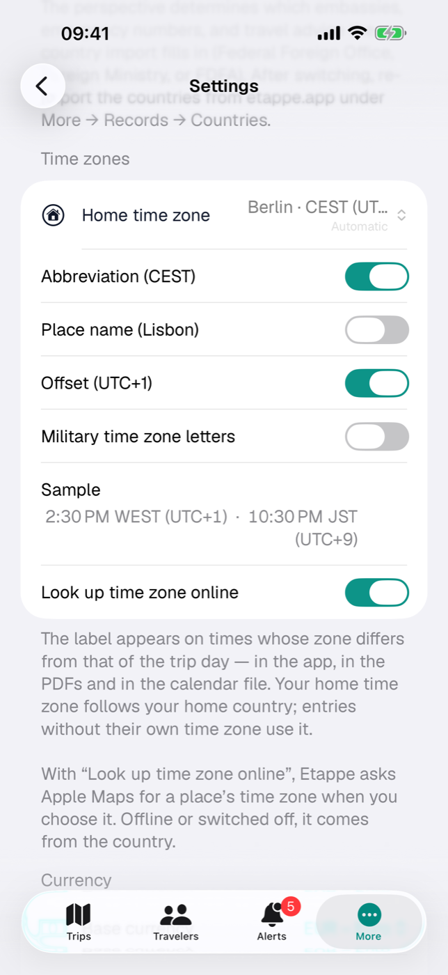 The “Time zones” section in Settings with home time zone, building blocks and sample