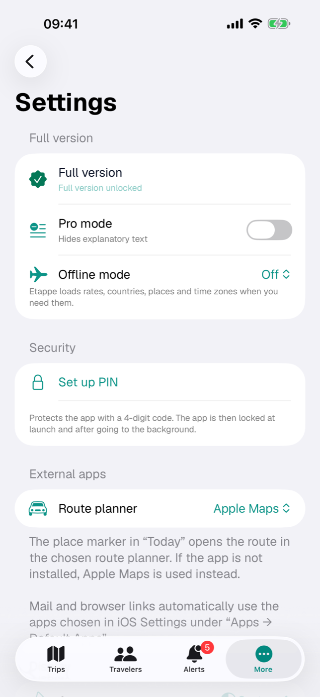 The “Security” section in Settings, here without a code set up yet