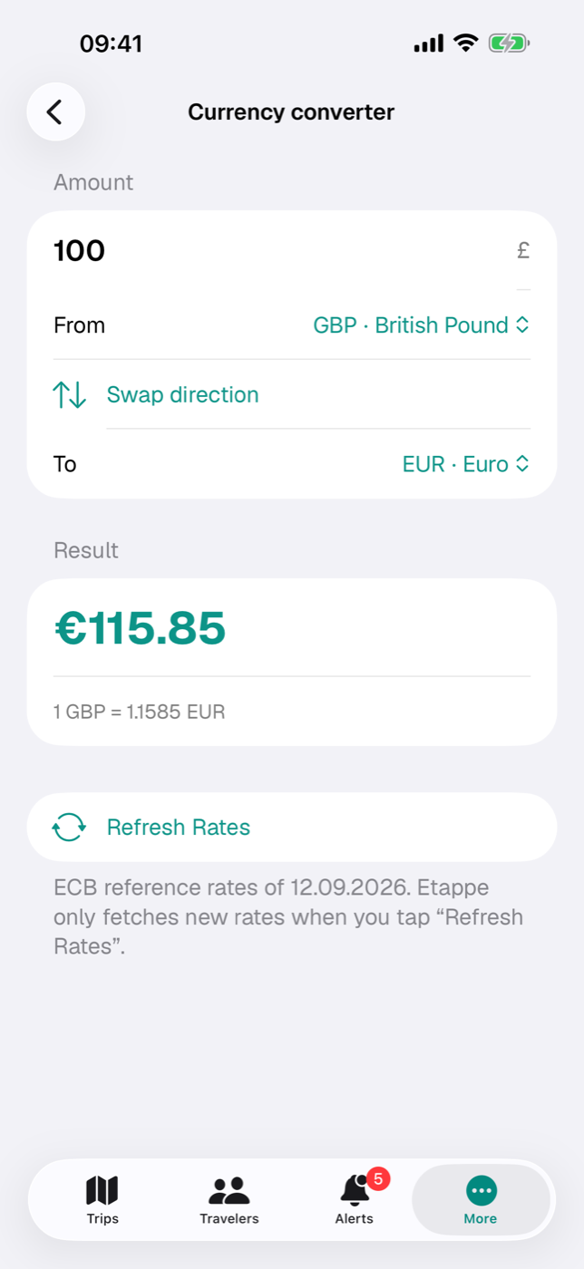 Currency converter: 100 pounds in euros with rate and date of the ECB rates