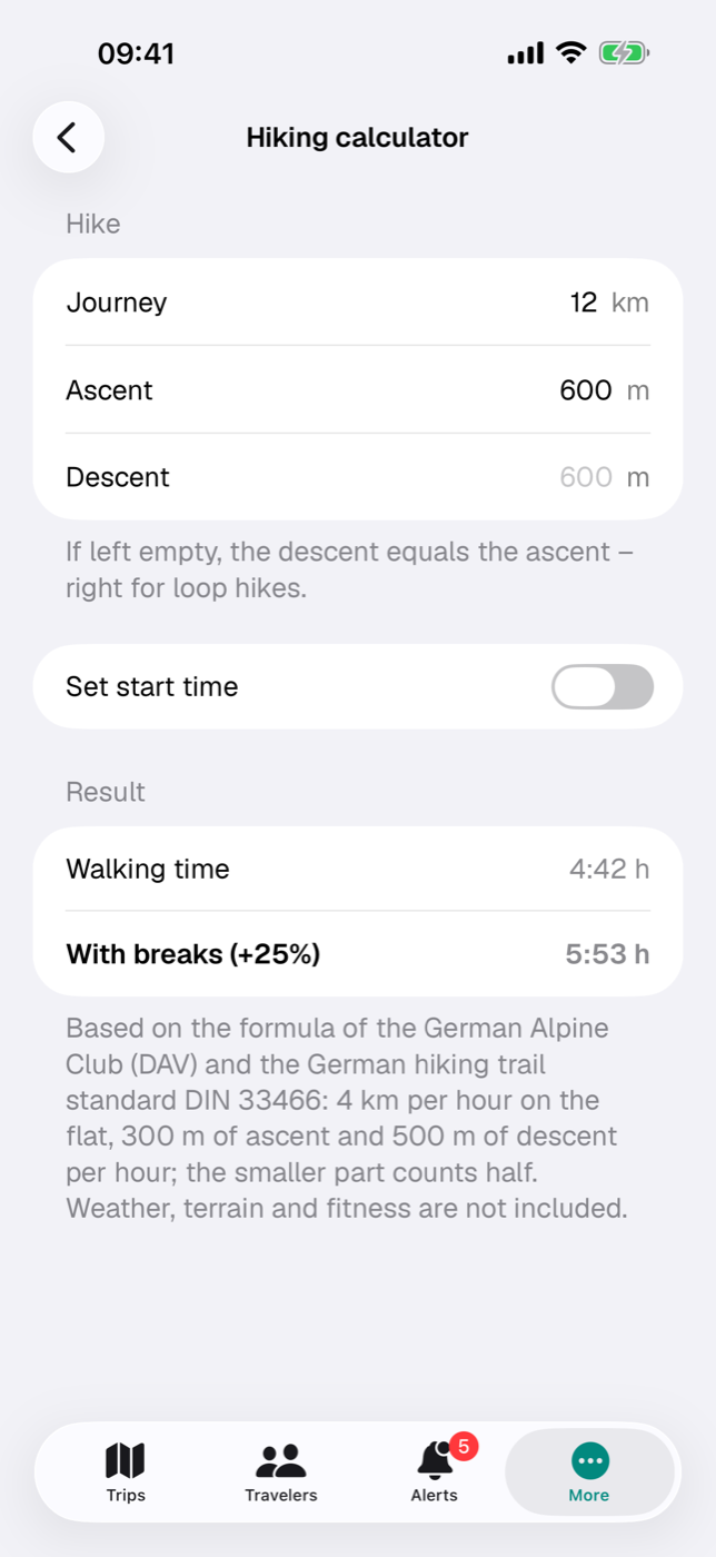 Hiking calculator: 12 km and 600 m of ascent give 4:42 h walking time, 5:53 h with breaks