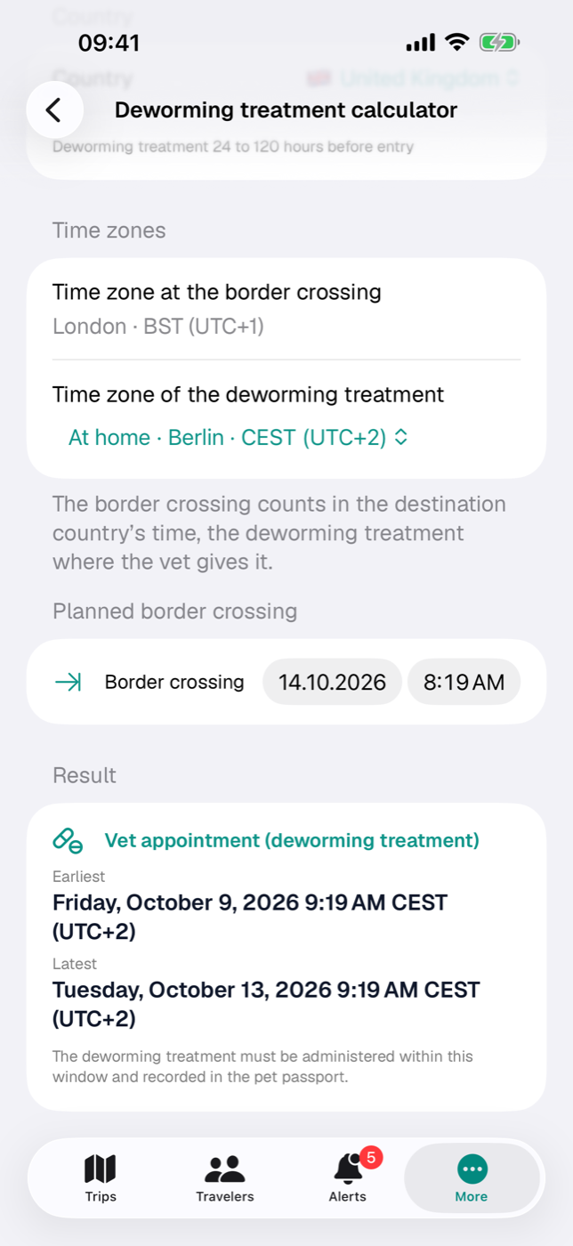 Deworming treatment calculator with the time zones of the border crossing and the treatment, the result below