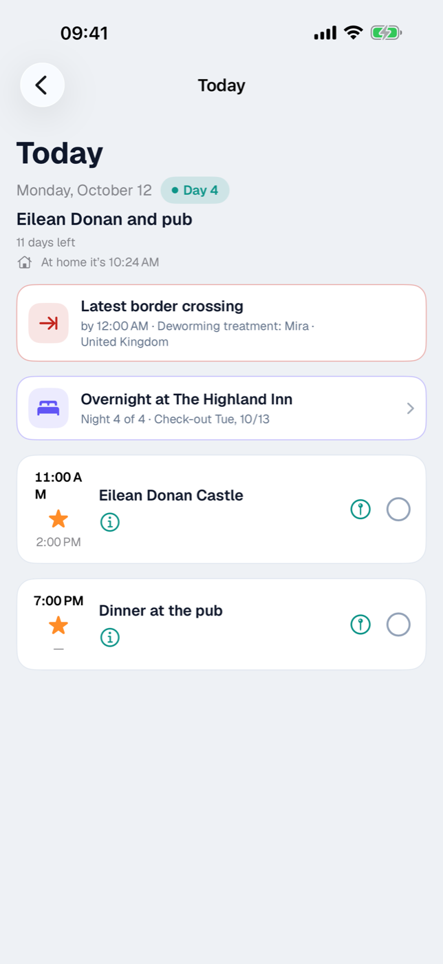 Today screen with the “Day 4” header, an overnight-stay card, and two event cards