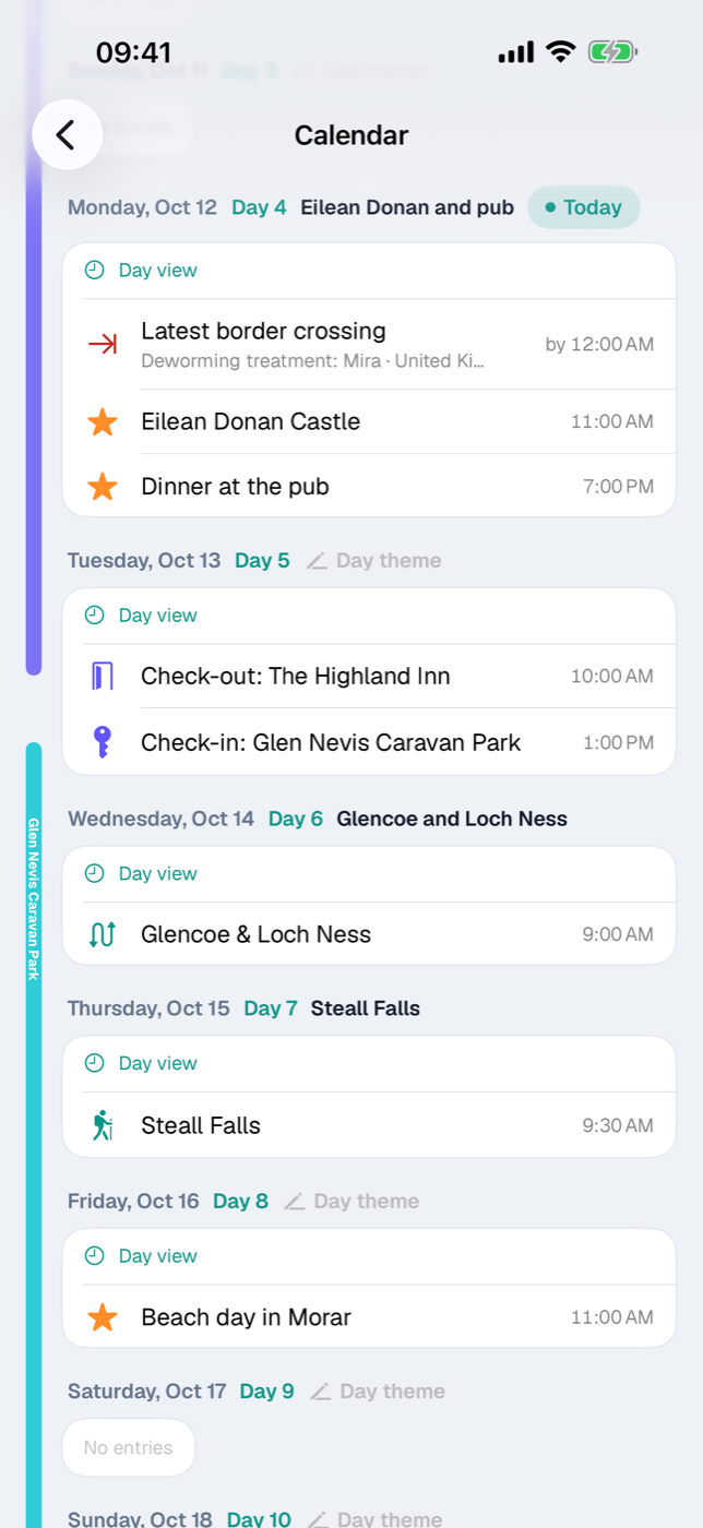 Calendar agenda with day cards, day number and Today pill