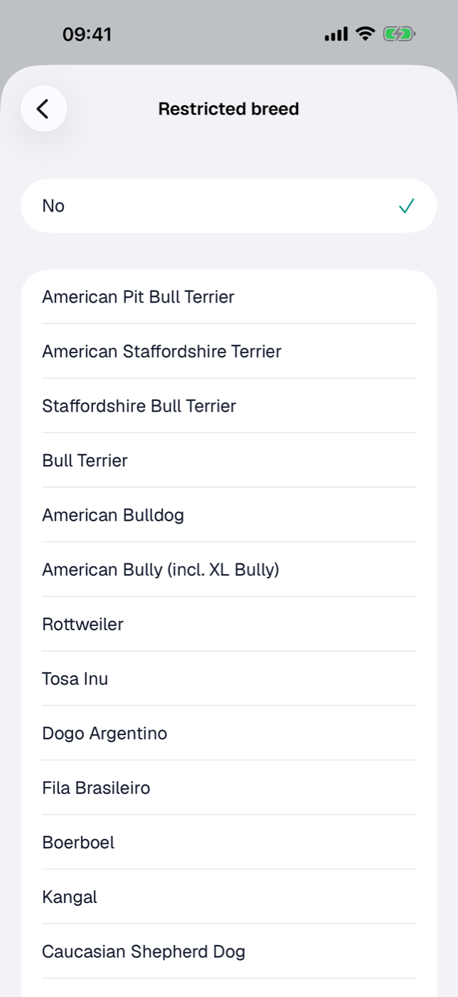 Restricted breed for a dog: “No” at the top, the breeds below