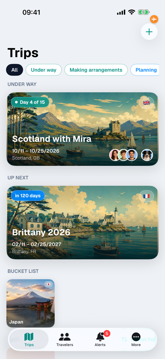 Trip list with the orange airplane at the top right: offline mode “Save data”