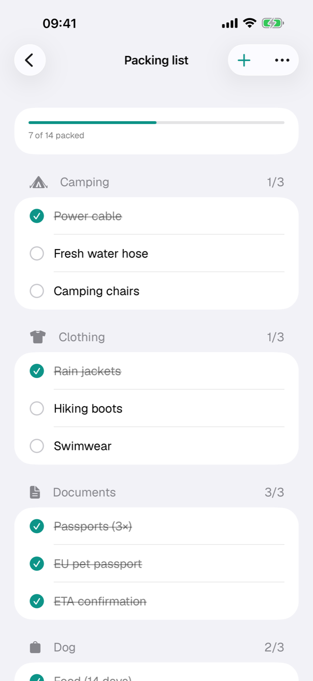 Packing list with progress bar, category sections and checked-off entries