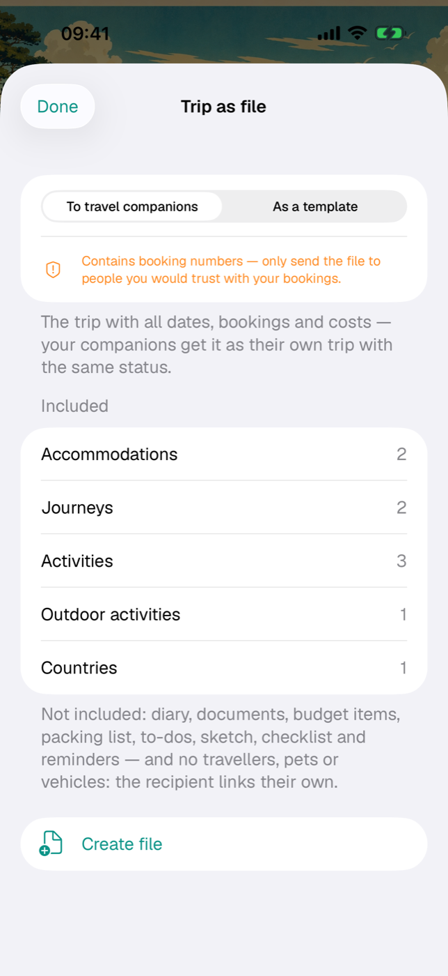 “Trip as file” dialog with the modes To travel companions and As a template and the list of what’s included