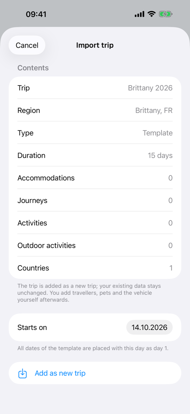 “Import trip” dialog for a template with contents, start date and the button Add as new trip