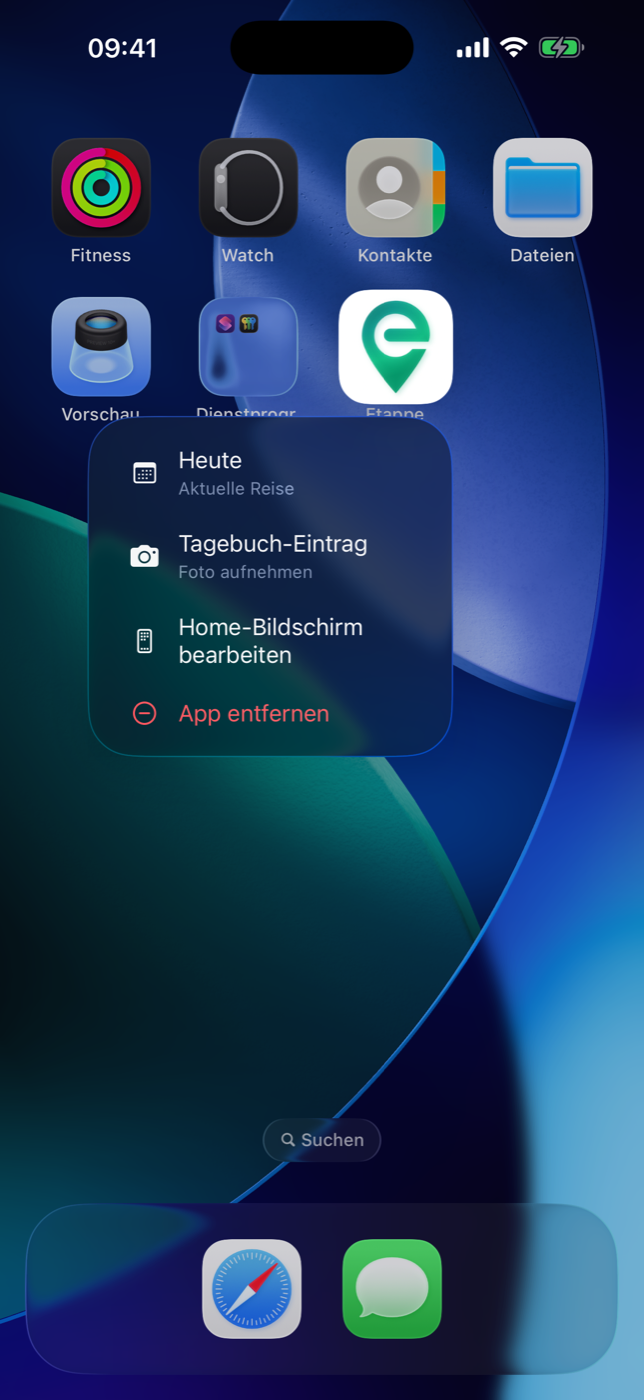 Home Screen with the Etappe icon pressed and the two quick actions
