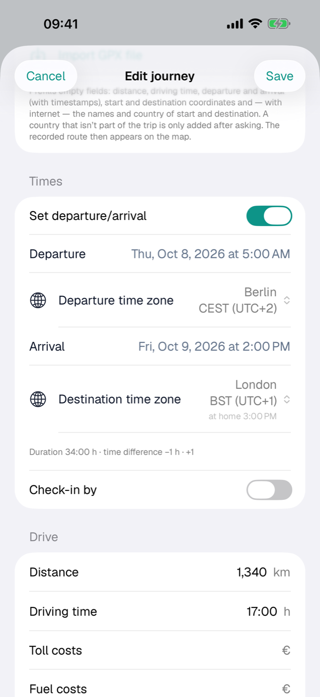 Journey form with departure and destination time zone and the line “Duration · time difference”