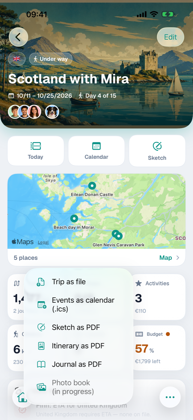 Trip detail with the Share menu opened in the bottom bar