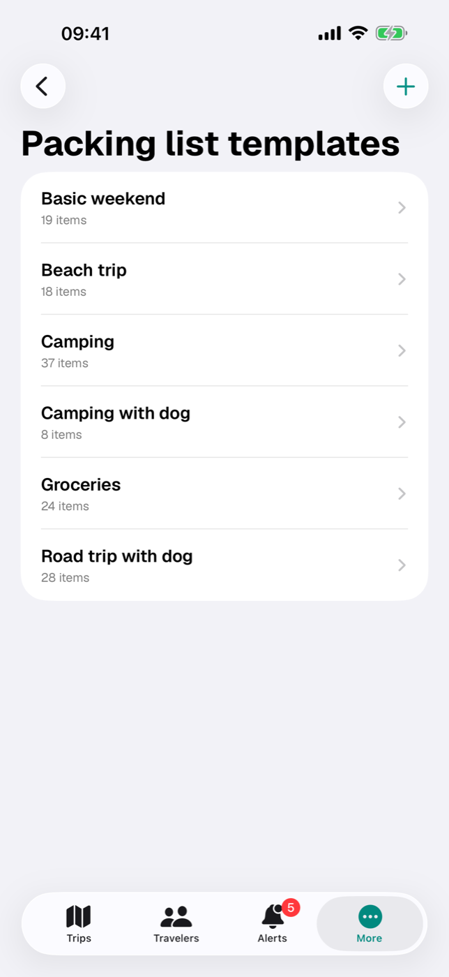 List of packing list templates with the three default templates and their item counts