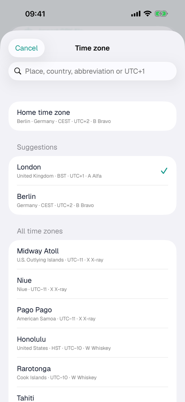 The time zone picker with home time zone, suggestions and search field