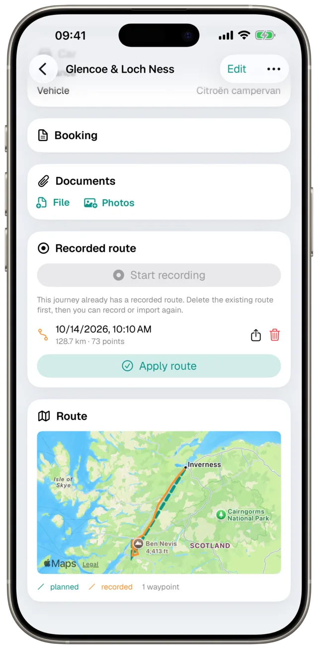 Journey with recorded route in Etappe