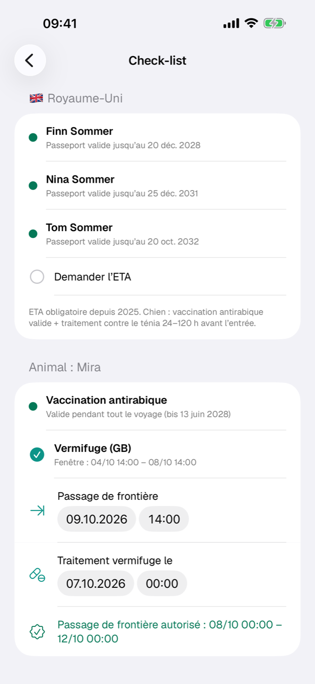 Check-list avec une section pays (lignes à indicateur par personne, point ETA) et une section animal avec la fenêtre du vermifuge