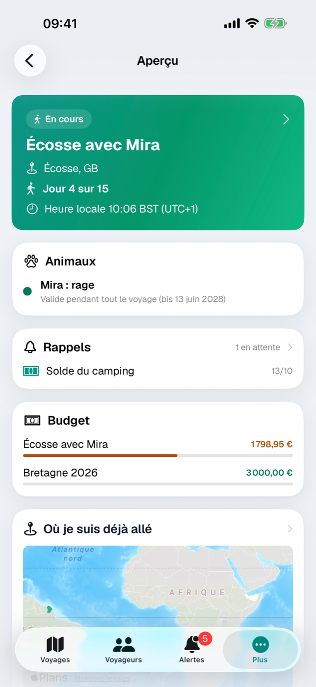 Aperçu avec carte du voyage, rappels, expiration de document, budget et carte du monde