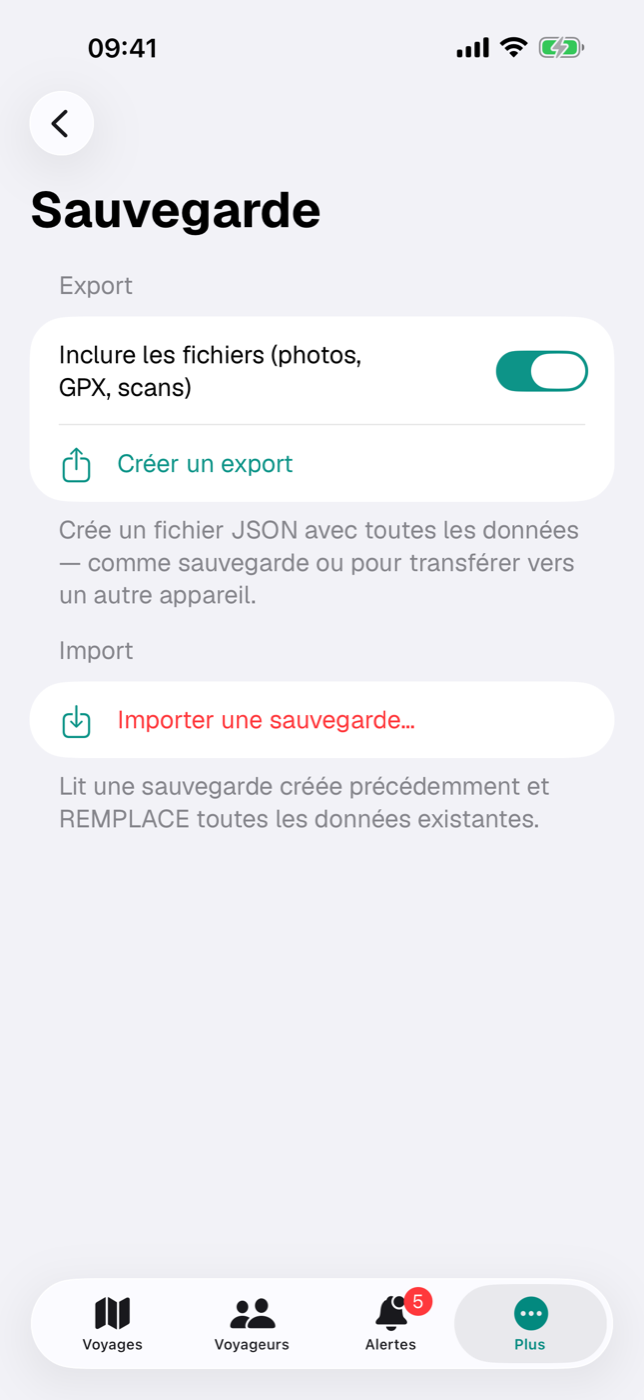 Écran « Sauvegarde » avec l’interrupteur « Inclure les fichiers », le bouton « Créer un export » et la section Import