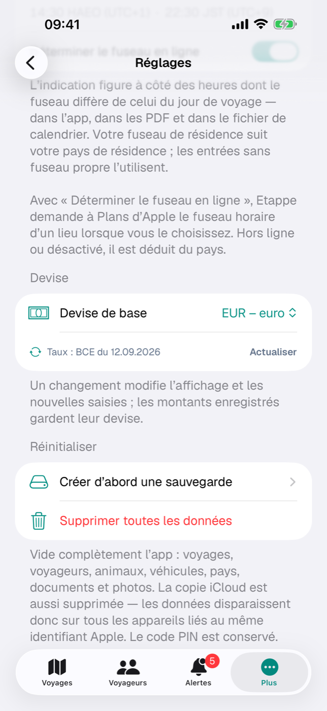 La section « Devise » avec la devise de base et l’état des taux