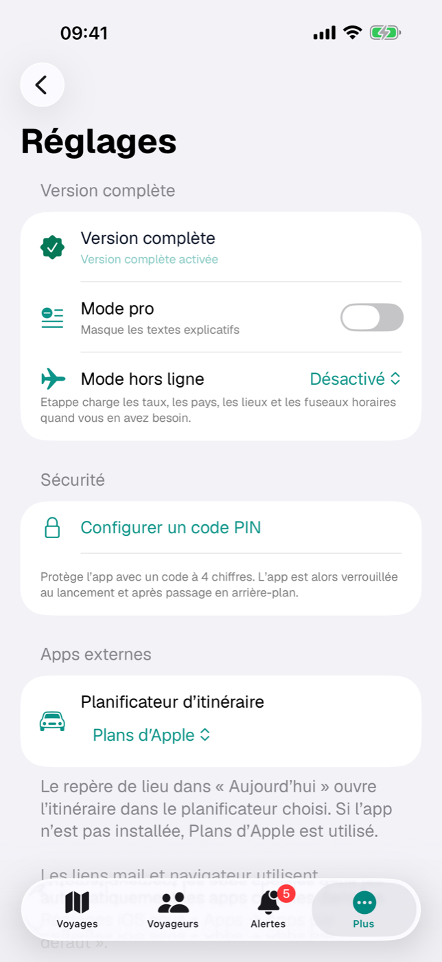 L’écran Réglages avec ses sections
