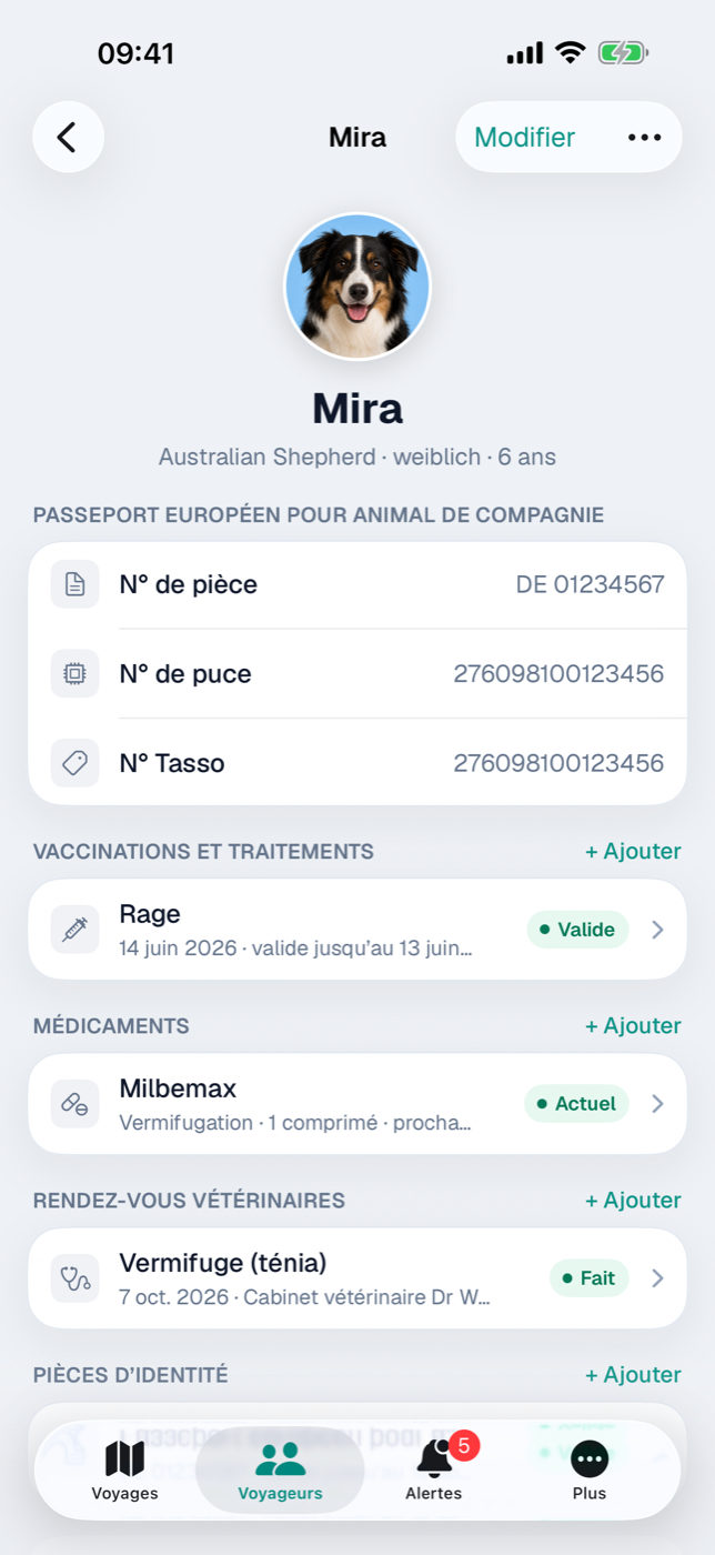 Fiche d’un animal avec passeport européen, vaccination, médicament et rendez-vous vétérinaire