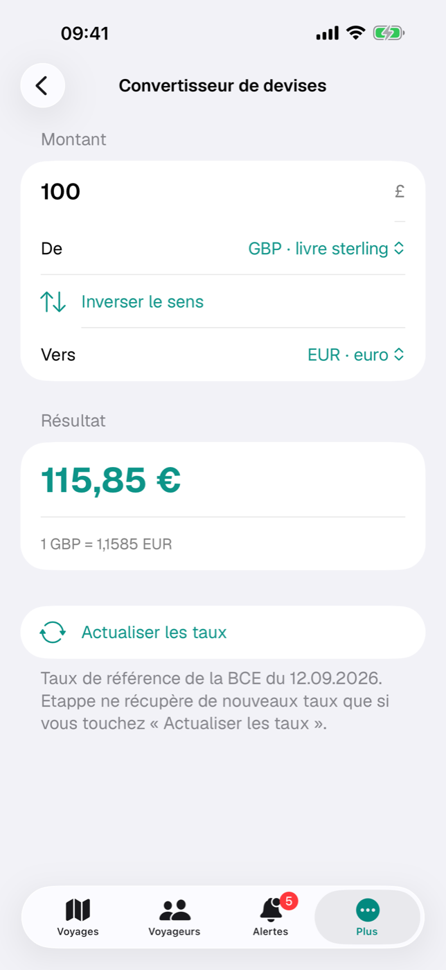 Convertisseur de devises : 100 livres en euros avec le taux et la date des taux BCE
