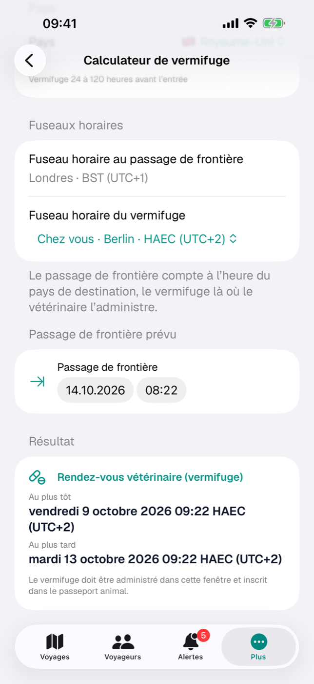 Calculateur de vermifuge avec les fuseaux horaires du passage de frontière et du vermifuge, le résultat en dessous