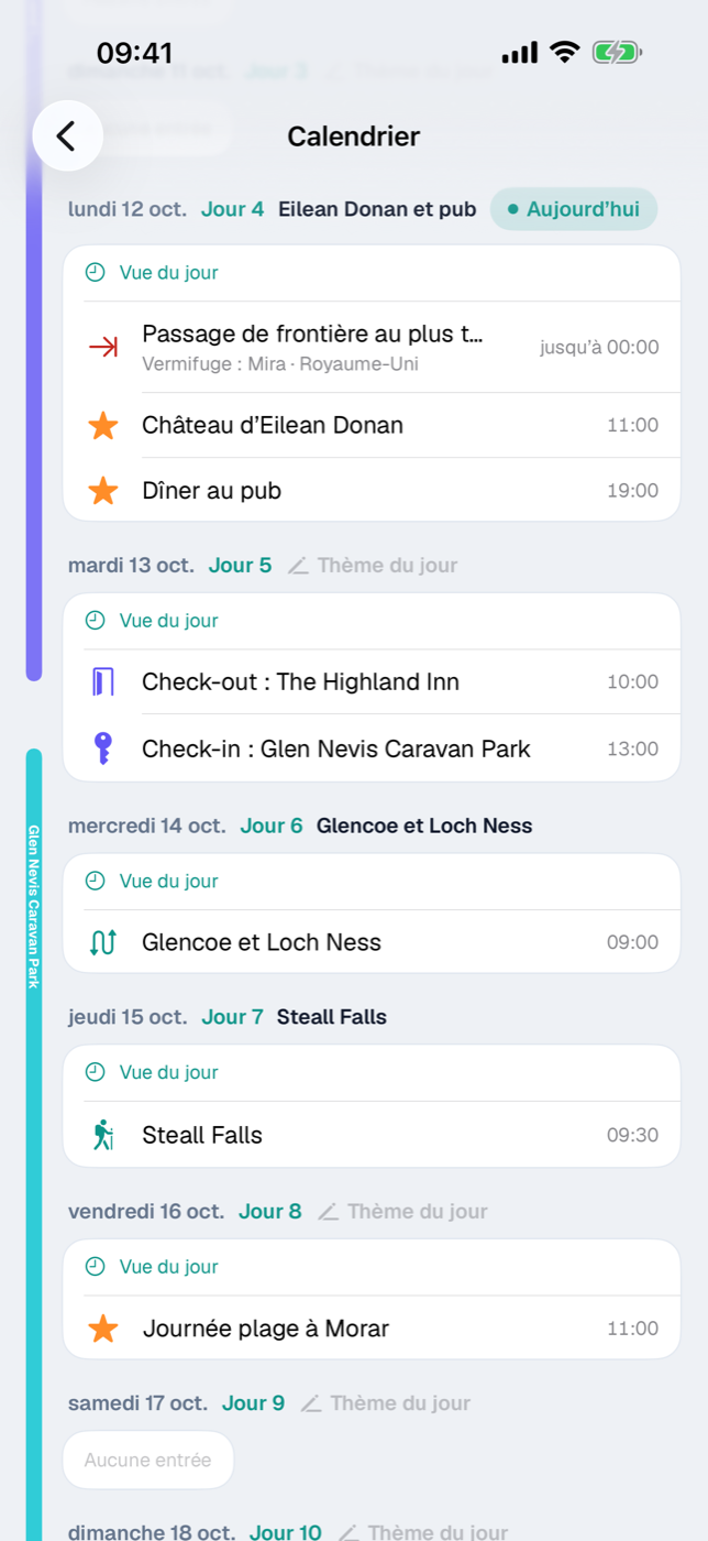 Agenda du calendrier avec cartes de jour, numéro du jour et pastille Aujourd’hui