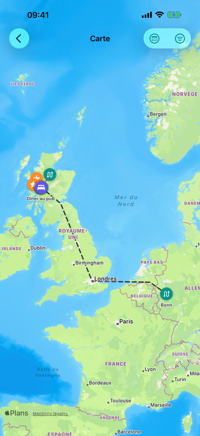 Carte du voyage avec des marqueurs de différents types, une ligne de trajet et le marqueur maison