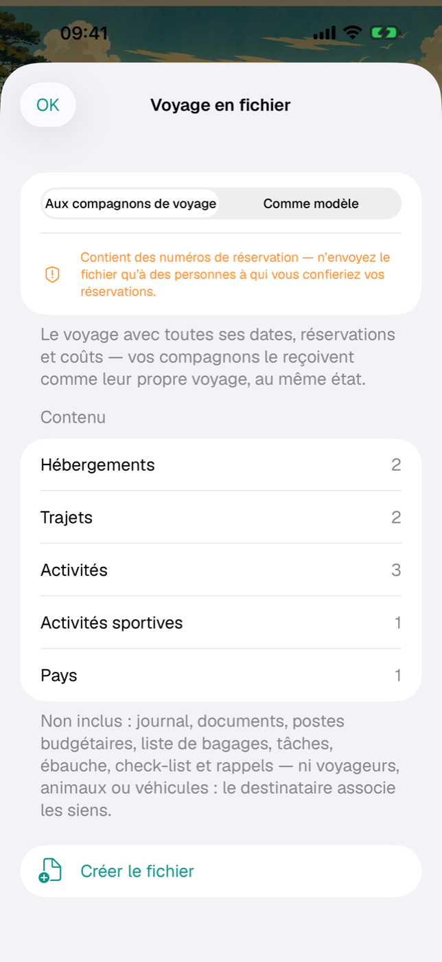 Boîte de dialogue « Voyage en fichier » avec les modes Aux compagnons de voyage et Comme modèle et la liste du contenu