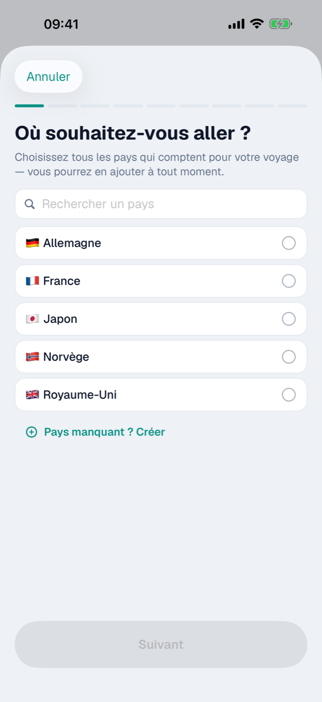 Étape « Où souhaitez-vous aller ? » de l’assistant avec la liste des pays