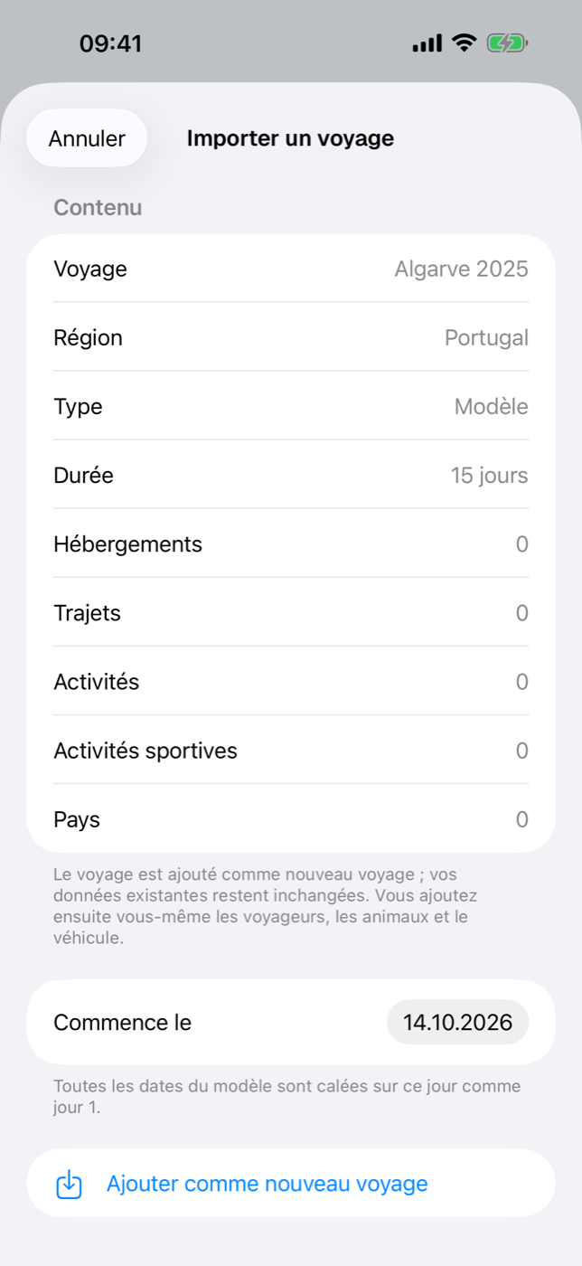 Boîte de dialogue « Importer un voyage » pour un modèle avec le contenu, la date de début et le bouton Ajouter comme nouveau voyage