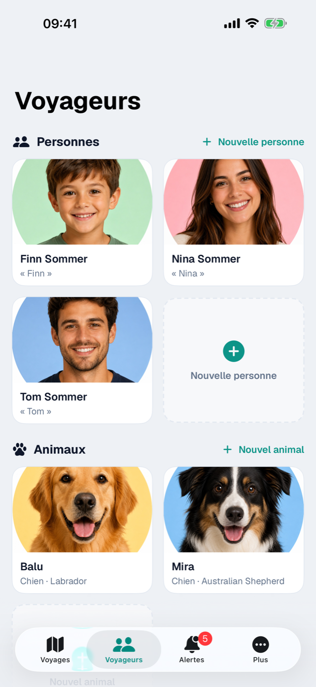 Onglet « Voyageurs » avec les tuiles photo des personnes et la tuile en pointillés « Nouvelle personne »