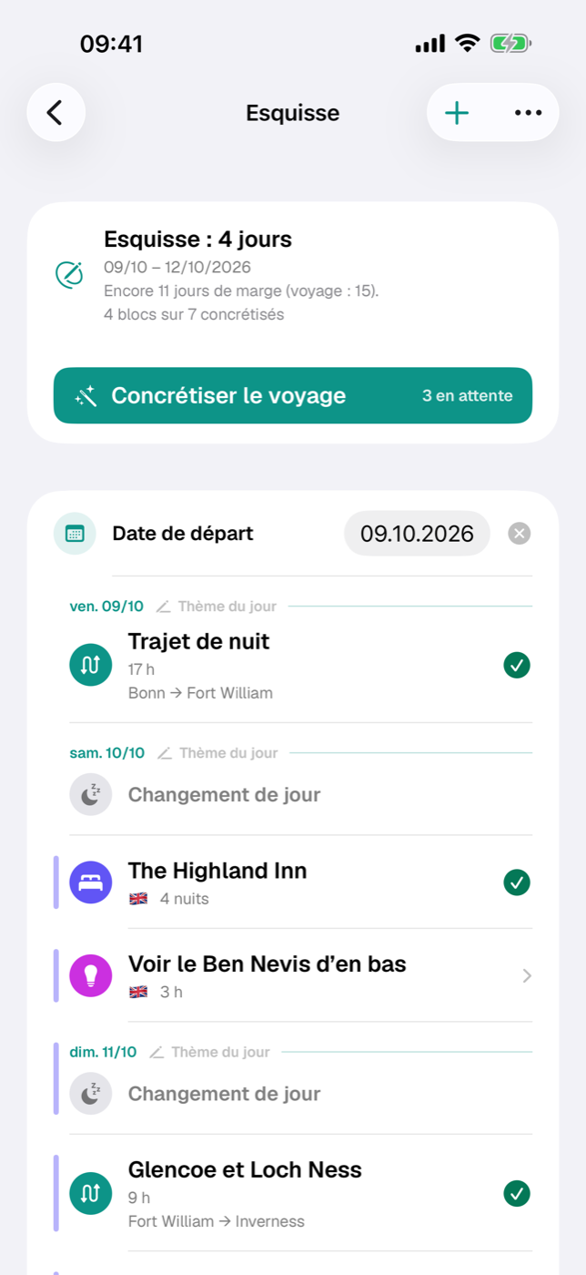 Liste de l’esquisse avec en-têtes de jour, blocs et barres de nuitée
