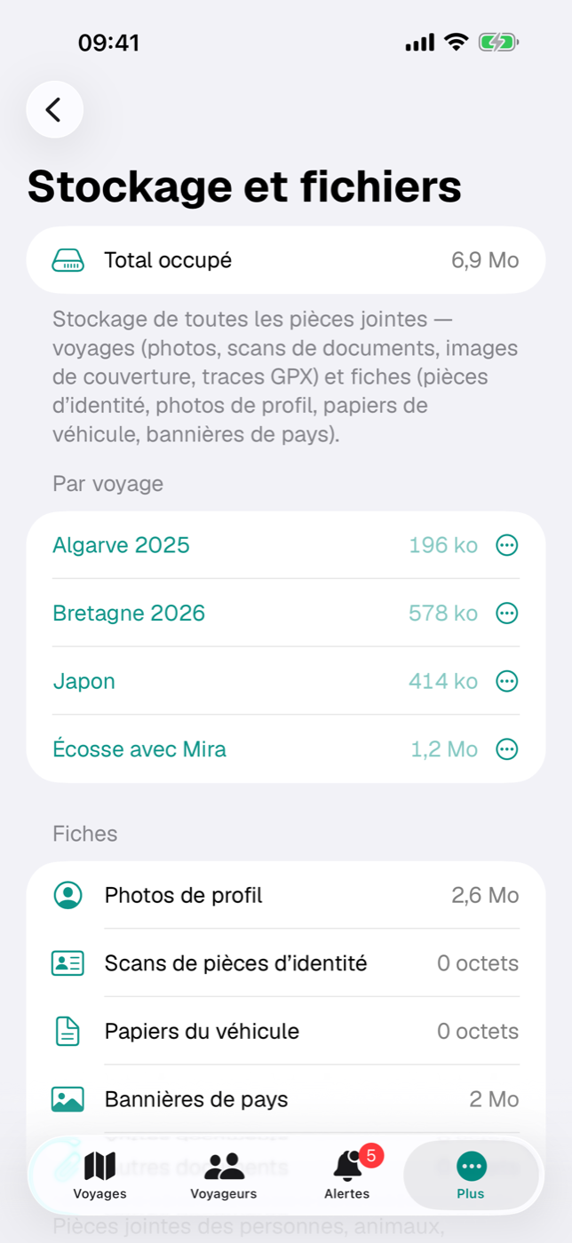 Écran « Stockage et fichiers » avec la ligne « Total occupé » et la liste des voyages avec leur taille