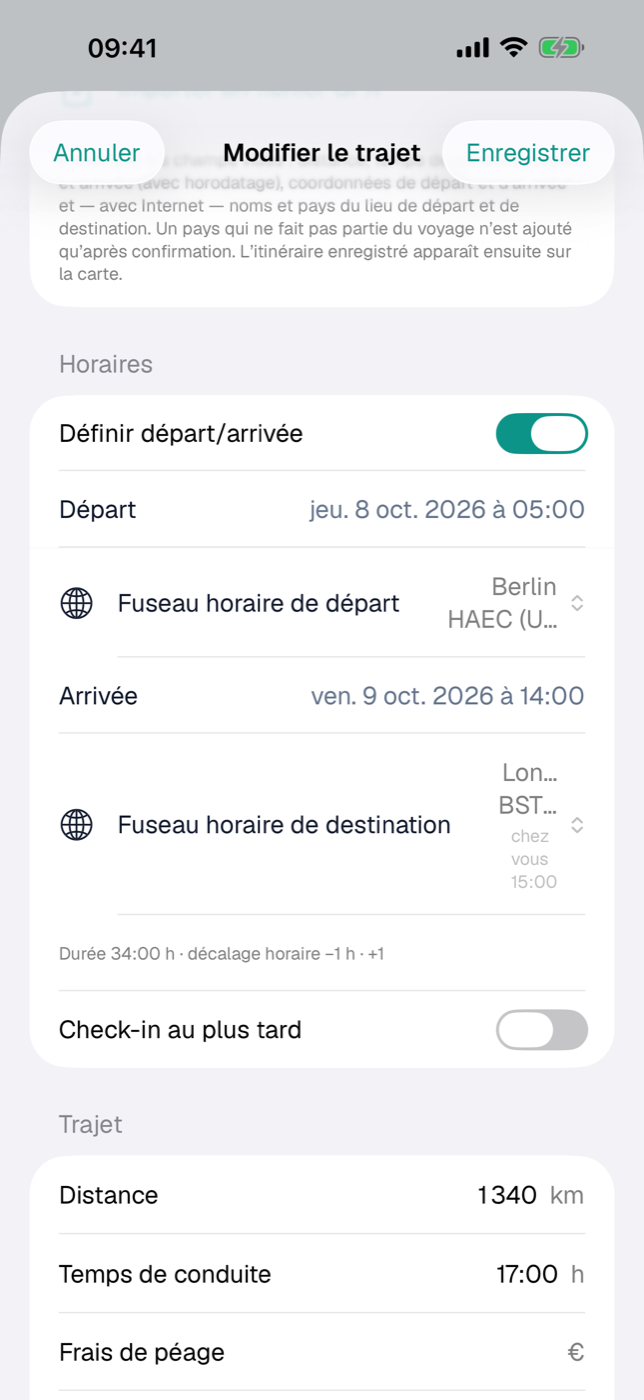 Formulaire de trajet avec fuseau de départ et de destination et la ligne « Durée · décalage horaire »