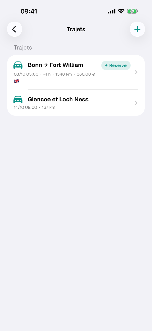 Liste des trajets avec les sections « Trajets » et « Sans date pour l’instant »
