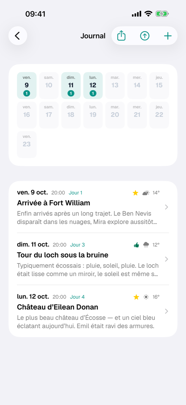 Liste du journal avec la grille des jours en haut et deux entrées