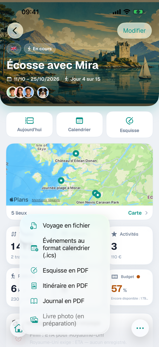Détail du voyage avec le menu Partager ouvert dans la barre inférieure