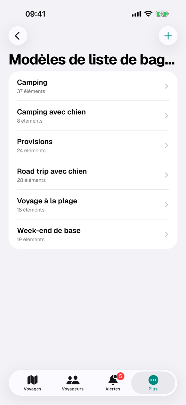 Liste des modèles de liste de bagages avec les trois modèles standard et leur nombre d’éléments