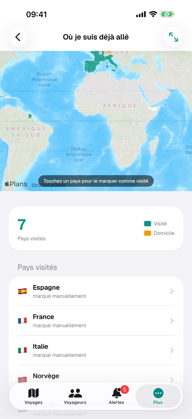 « Où je suis déjà allé » avec la carte du monde colorée, le compteur et la liste des pays