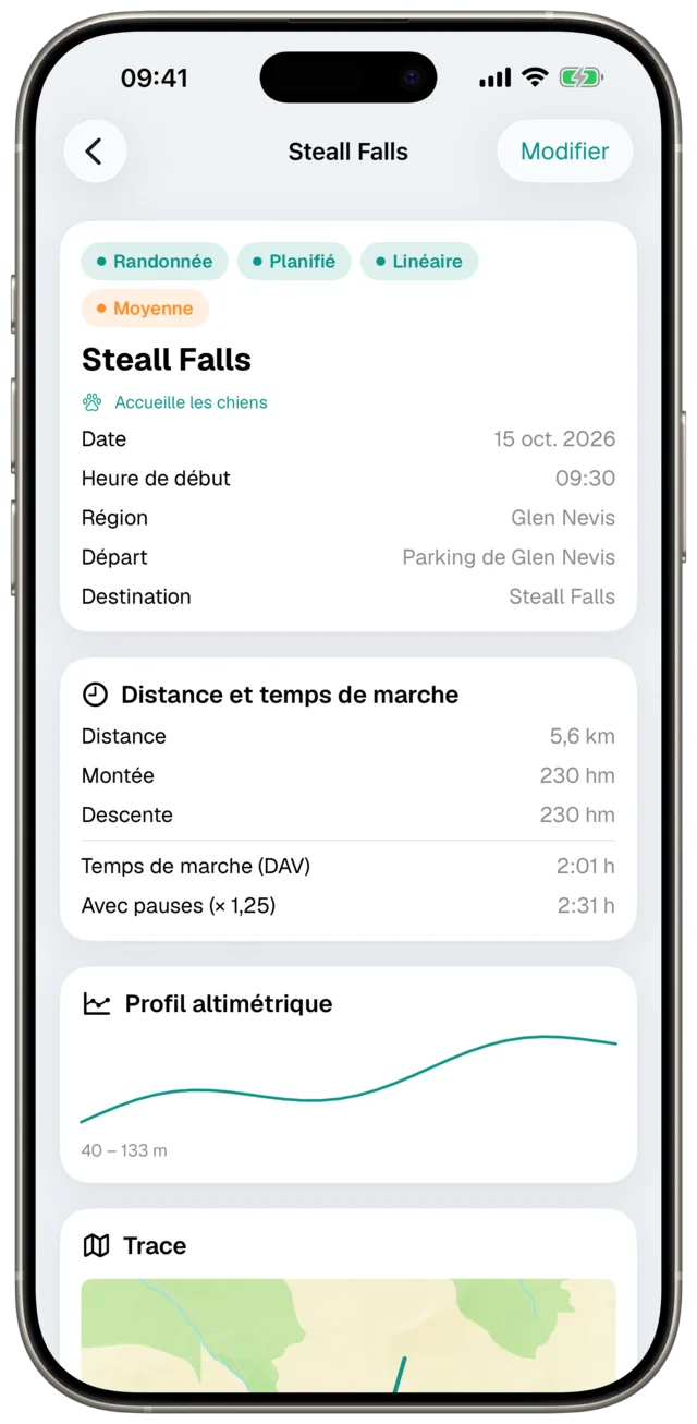 Détail d’une activité sportive avec profil altimétrique et trace dans Etappe