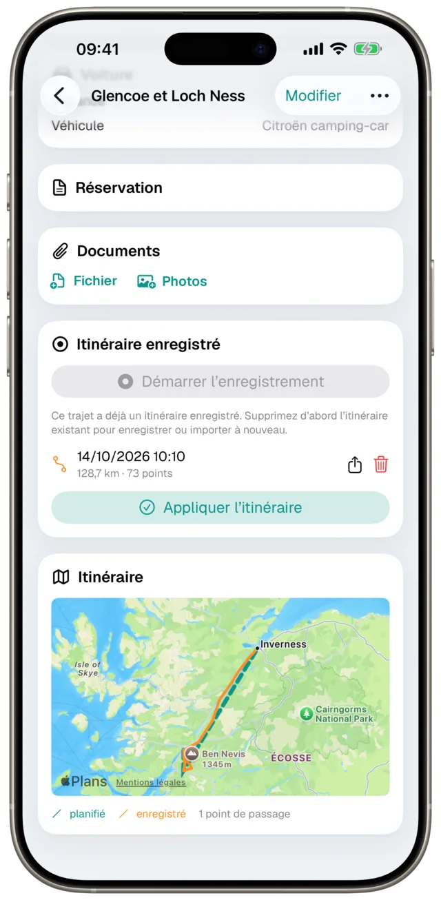 Trajet avec itinéraire enregistré dans Etappe
