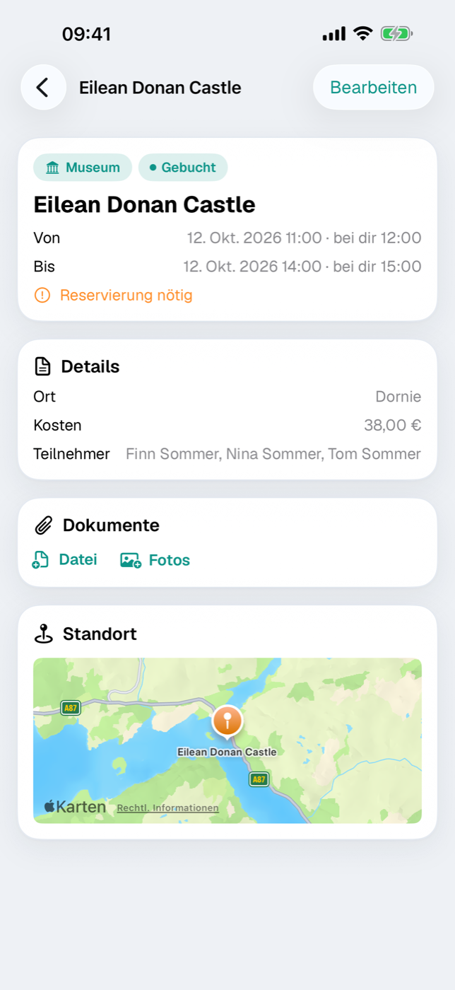 Aktivitäts-Detail mit Kopfkarte, Details-Karte und Standort-Karte