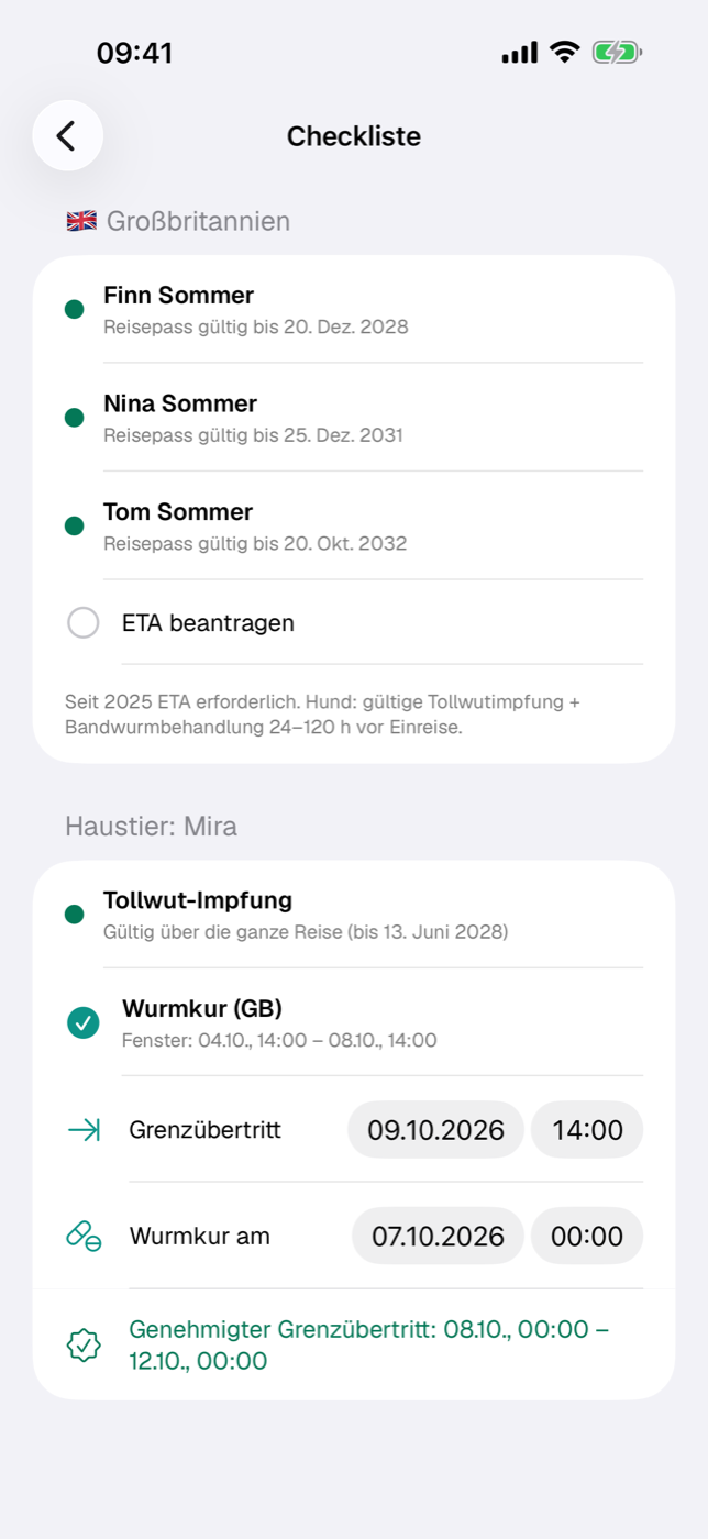 Checkliste mit Länderabschnitt (Ampelzeilen je Person, ETA-Punkt) und Haustier-Abschnitt mit Wurmkur-Fenster