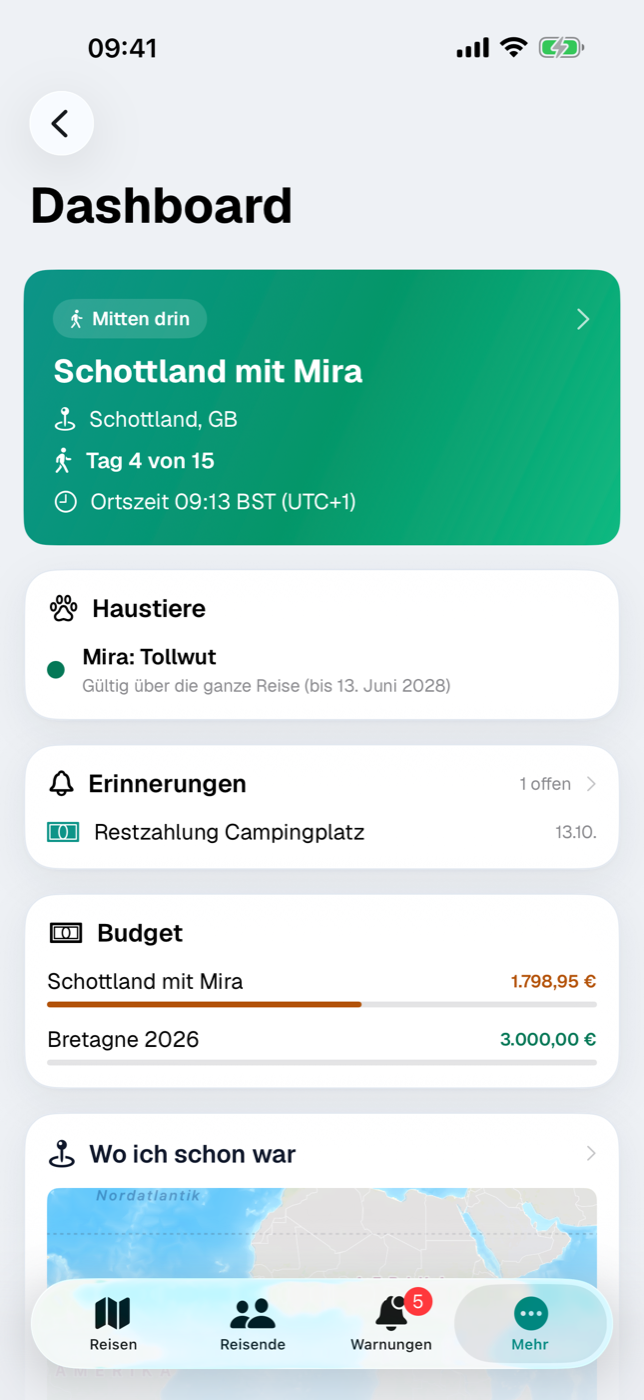 Dashboard mit Reise-Karte, Erinnerungen, Dokument-Ablauf, Budget und Weltkarte